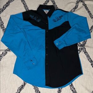 Vintage Ely Country Charmers Size XL Black and Blue Embroidered Pearl Snap Shirt